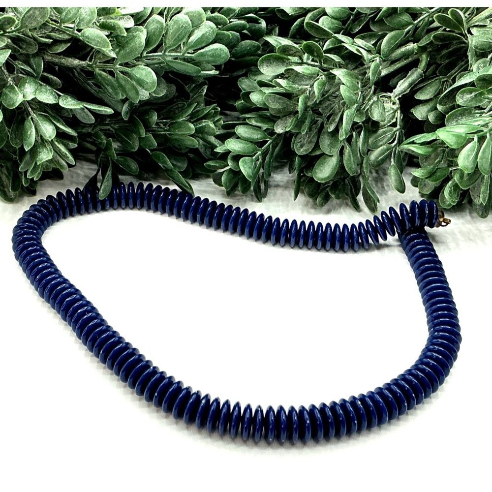 Vintage Blue Navy Disk Bead Necklace With Gold-Tone Screw Clasp